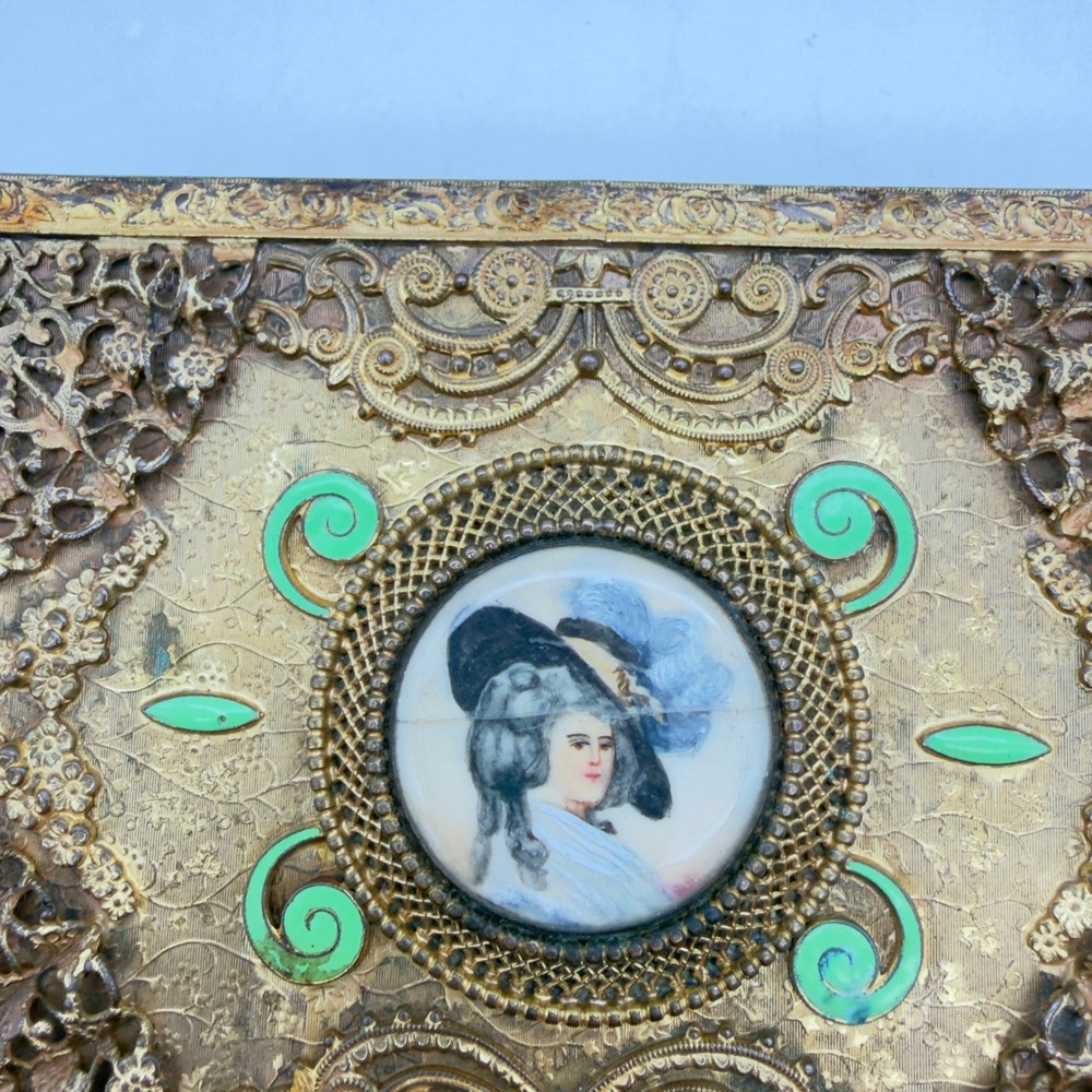 Vintage Empire Art Gold E & J B Filigree Jewelry Box Portrait Miniature Enamel - Picture 2 of 9